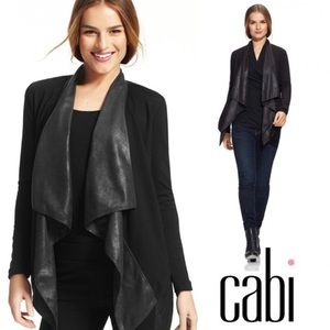 CABI #527 Black Faux Leather Open Front Jacket